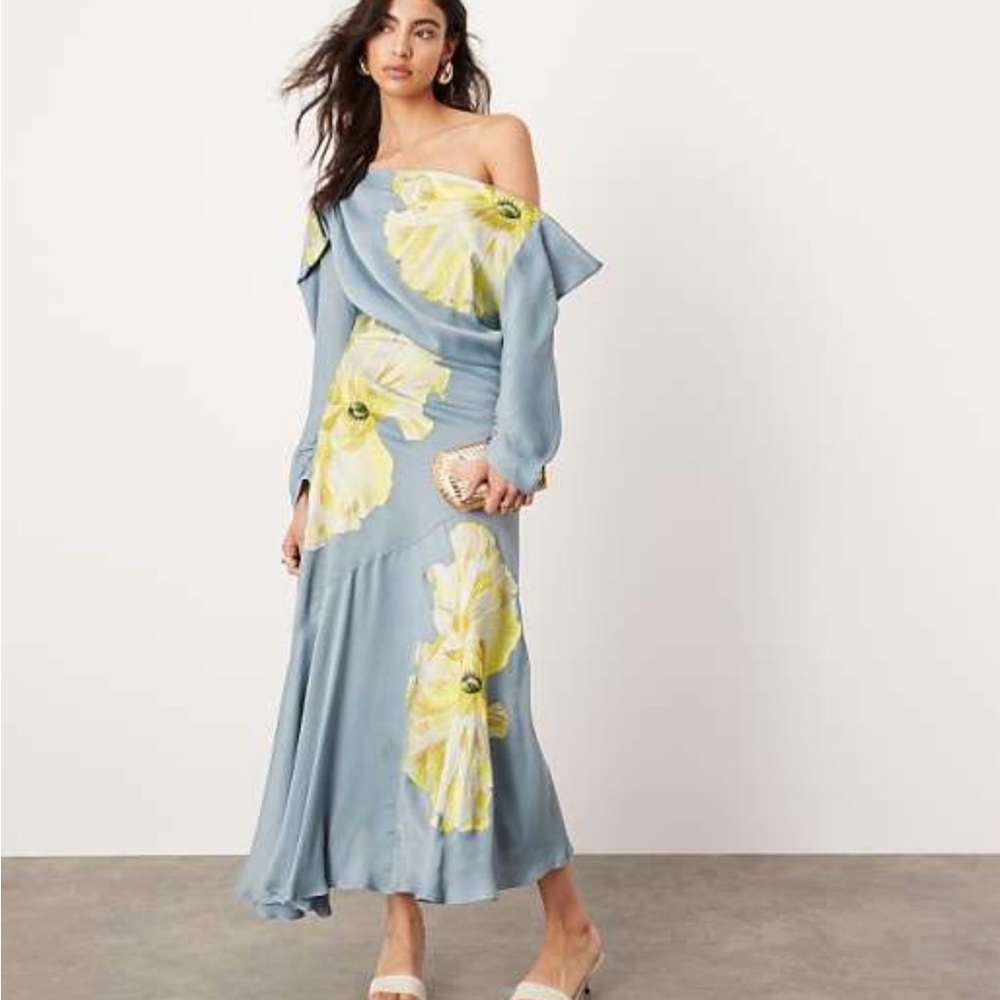 ASOS One-Shoulder Blue Dress with Yellow Floral Print